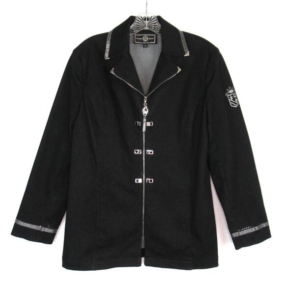 ST. JOHN Black Denim Zip Front Notch Collar Jacket Women’s Size Small - Picture 1 of 12